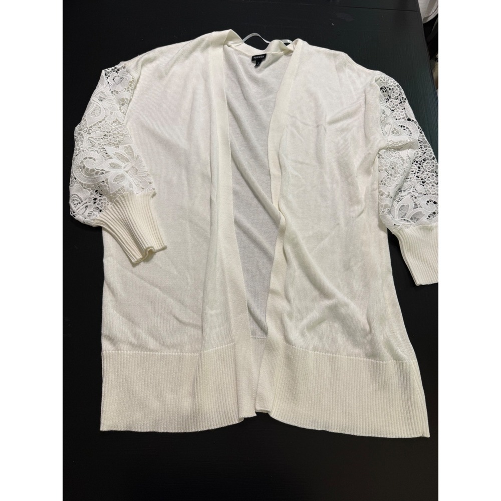 Torrid White Lace Sleeve Open Front Cardigan Plus Size 3 3X Longline Sweater
